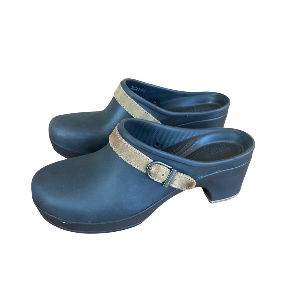 Crocs Leigh II Clog Women Size‎ 8 Black Suede Buckle Strap Block Heel 203631